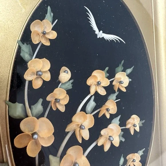 Vintage‎ Shell Art Floral Bird Black Velvet Gold Frame Cherry blossoms Beach 8" - Picture 2 of 13